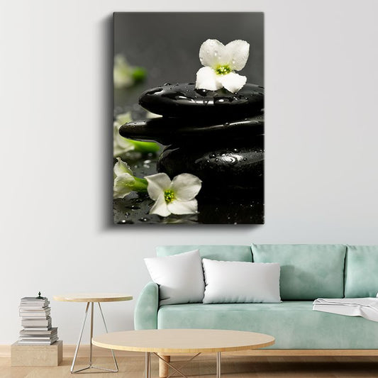Spa Konsepti - Siyah Taşlar ve Beyaz Çiçekler Kanvas Tablo