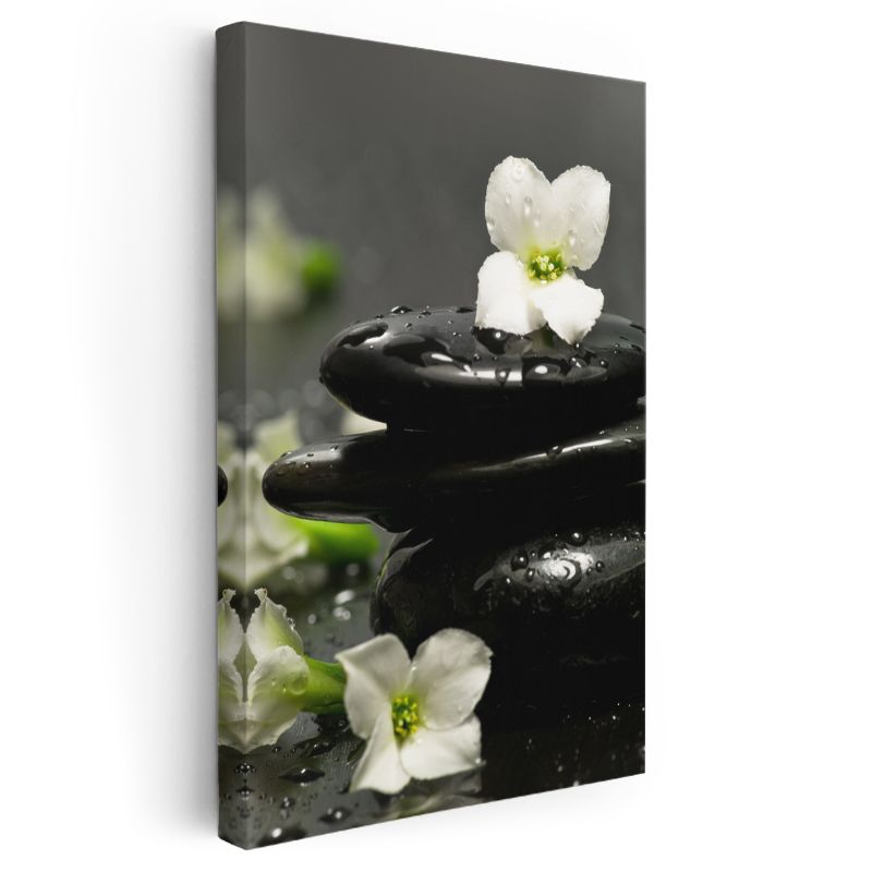 Spa Konsepti - Siyah Taşlar ve Beyaz Çiçekler Kanvas Tablo
