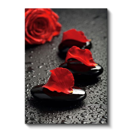 Kırmızı Gül Yaprakları - Siyah Taşlar Üzerinde Dramatik Kompozisyon Kanvas Tablo