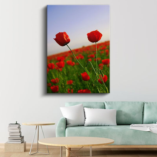 Gelincik Manzarası - Kırmızı Çiçekler ve Mavi Gökyüzü Kanvas Tablo