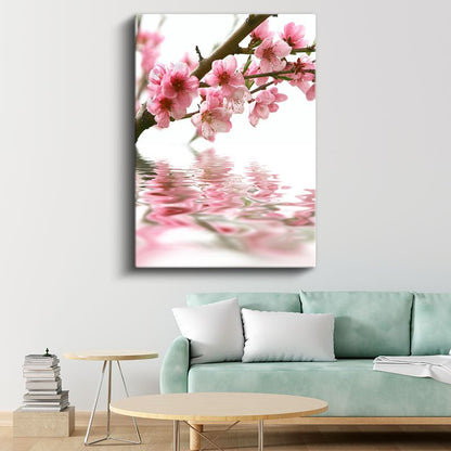 Kiraz Dalı - Su Üzerinde Yansıması ile Pembe Çiçekler Kanvas Tablo