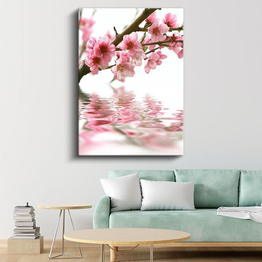 Kiraz Dalı - Su Üzerinde Yansıması ile Pembe Çiçekler Kanvas Tablo
