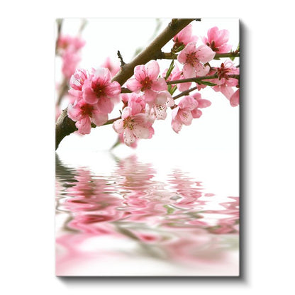 Kiraz Dalı - Su Üzerinde Yansıması ile Pembe Çiçekler Kanvas Tablo