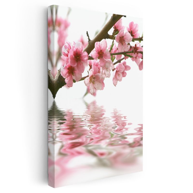 Kiraz Dalı - Su Üzerinde Yansıması ile Pembe Çiçekler Kanvas Tablo