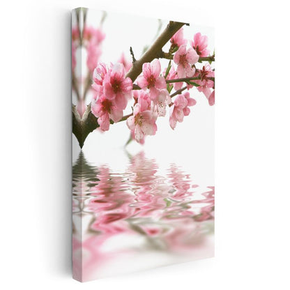 Kiraz Dalı - Su Üzerinde Yansıması ile Pembe Çiçekler Kanvas Tablo