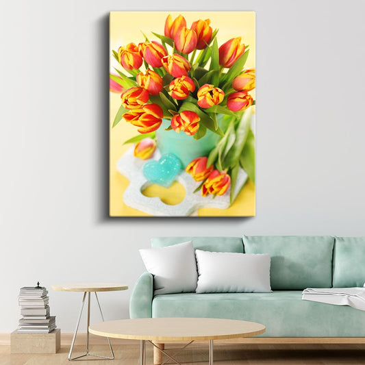 Turuncu Lale Buketi - Turkuaz Vazoda Bahar Çiçekleri Kanvas Tablo