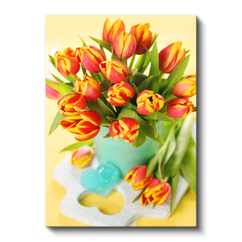 Turuncu Lale Buketi - Turkuaz Vazoda Bahar Çiçekleri Kanvas Tablo