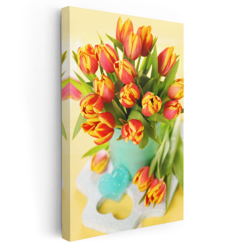 Turuncu Lale Buketi - Turkuaz Vazoda Bahar Çiçekleri Kanvas Tablo