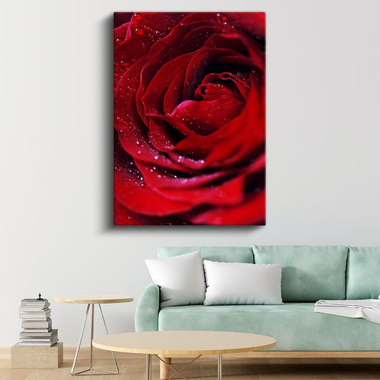 Kırmızı Gül - Çiğ Damlacıklı Kadife Dokulu Kanvas Tablo