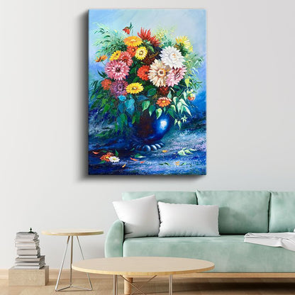 Renkli Papatyalar - Mavi Vazoda Çiçek Aranjmanı Kanvas Tablo