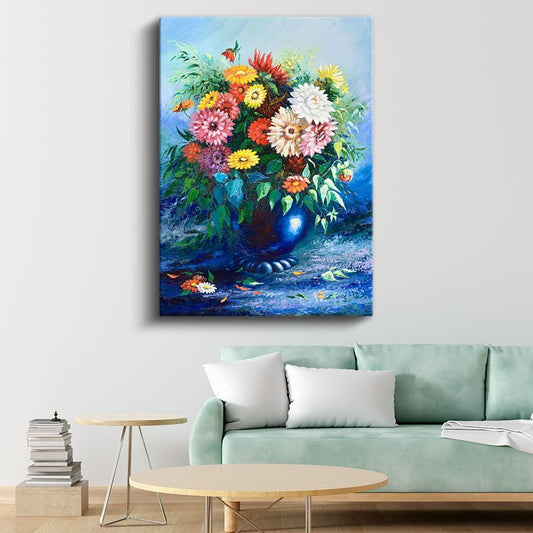 Renkli Papatyalar - Mavi Vazoda Çiçek Aranjmanı Kanvas Tablo