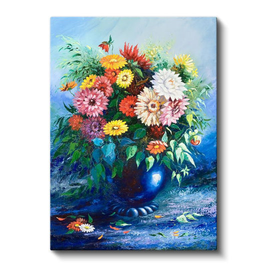 Renkli Papatyalar - Mavi Vazoda Çiçek Aranjmanı Kanvas Tablo
