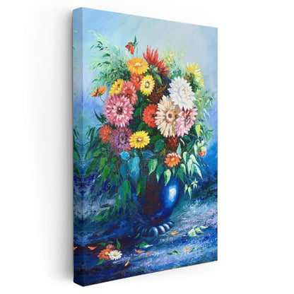 Renkli Papatyalar - Mavi Vazoda Çiçek Aranjmanı Kanvas Tablo