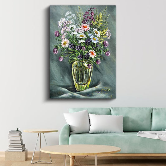 Kır Çiçekleri - Cam Vazoda Doğal Buket Kanvas Tablo