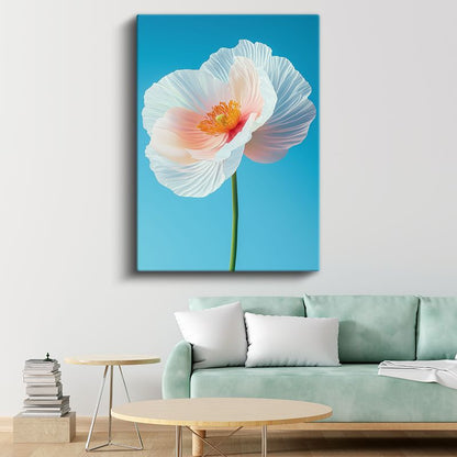 Beyaz Gelincik - Mavi Fon Üzerinde Zarif Çiçek Kanvas Tablo