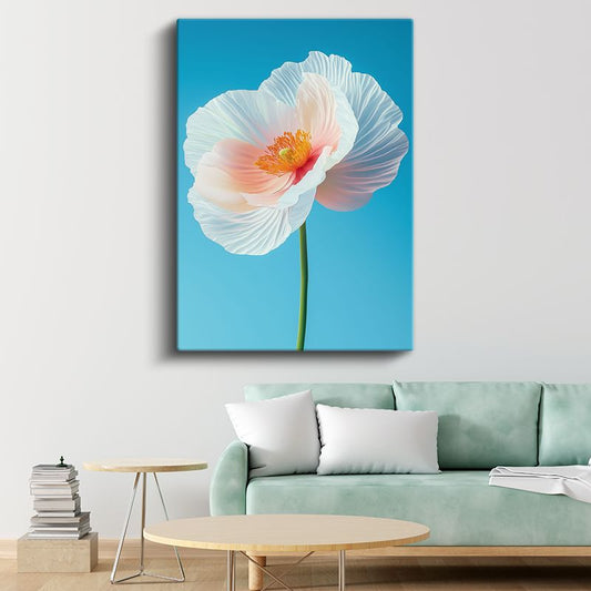 Beyaz Gelincik - Mavi Fon Üzerinde Zarif Çiçek Kanvas Tablo