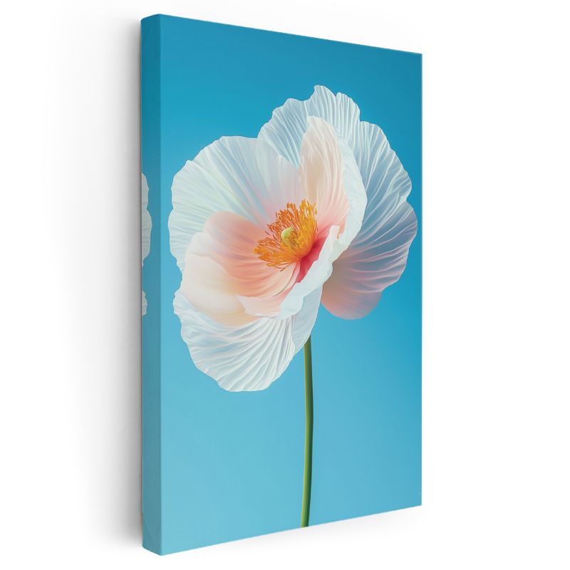 Beyaz Gelincik - Mavi Fon Üzerinde Zarif Çiçek Kanvas Tablo