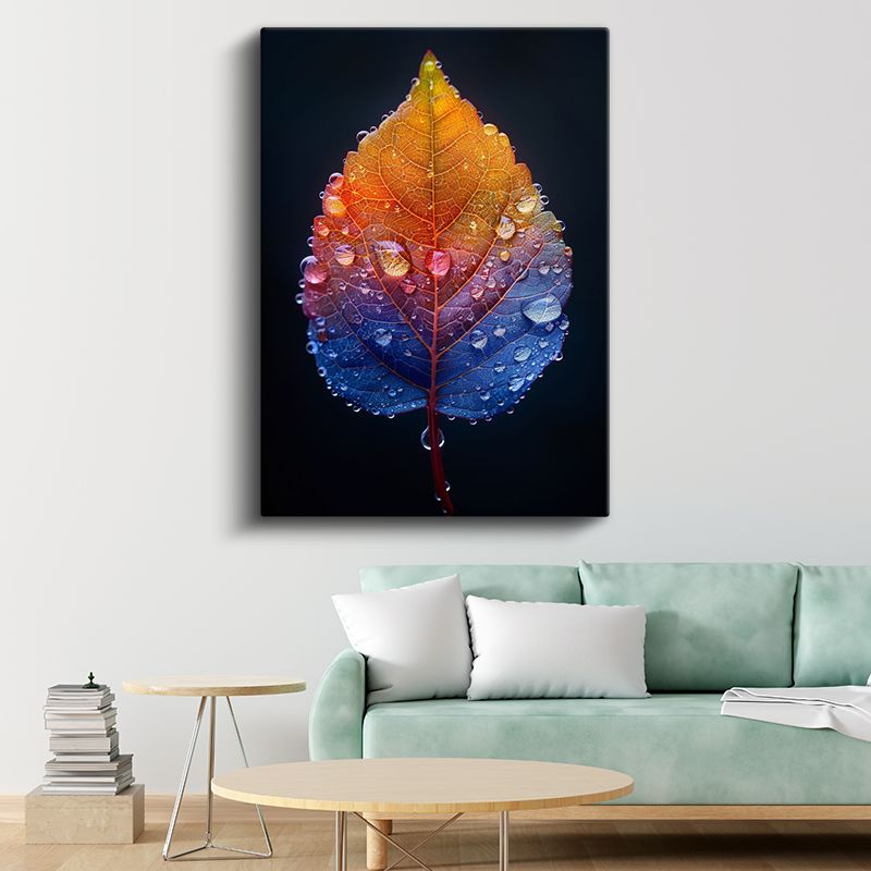 Sonbahar Yaprağı - Çiy Damlalı Renkli Yaprak Kanvas Tablo