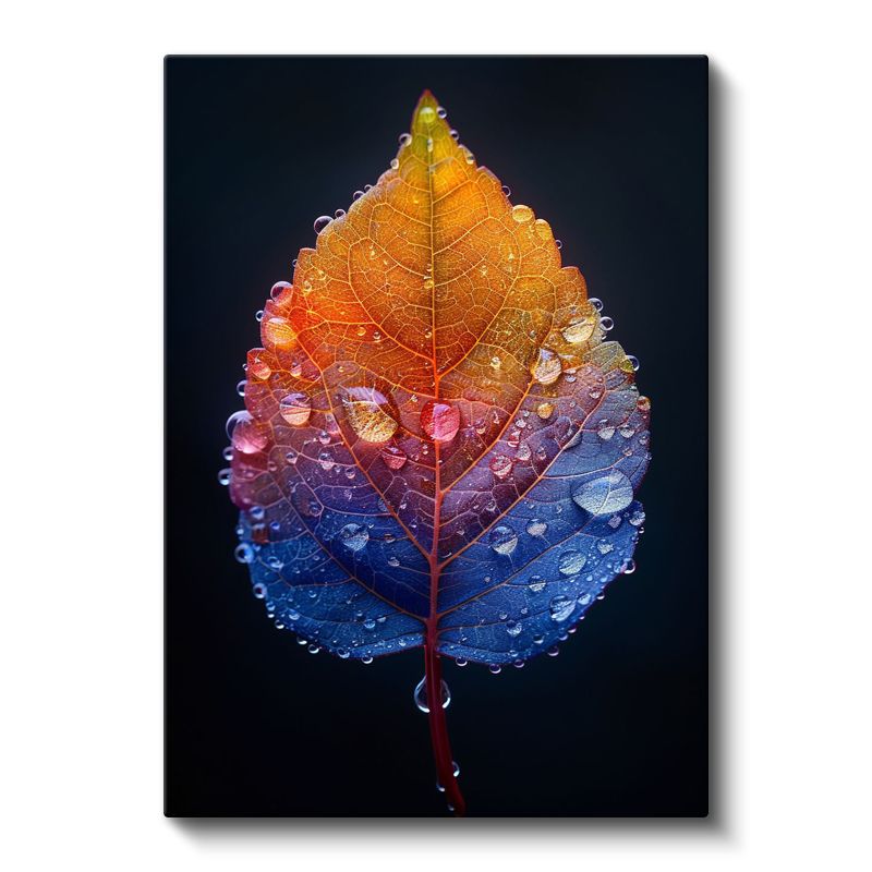 Sonbahar Yaprağı - Çiy Damlalı Renkli Yaprak Kanvas Tablo