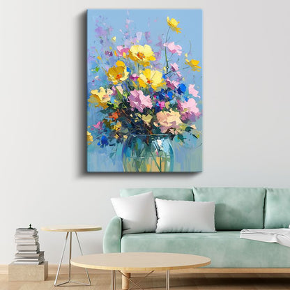 Renkli Kır Çiçekleri - Mavi Fon Üzerinde İmpasto Tekniği Kanvas Tablo