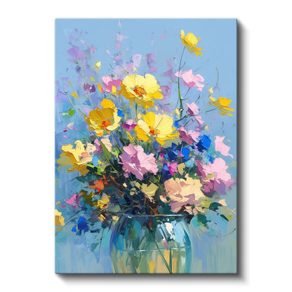 Renkli Kır Çiçekleri - Mavi Fon Üzerinde İmpasto Tekniği Kanvas Tablo