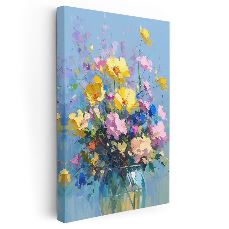 Renkli Kır Çiçekleri - Mavi Fon Üzerinde İmpasto Tekniği Kanvas Tablo