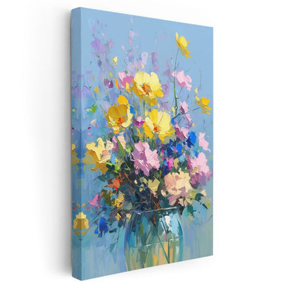 Renkli Kır Çiçekleri - Mavi Fon Üzerinde İmpasto Tekniği Kanvas Tablo