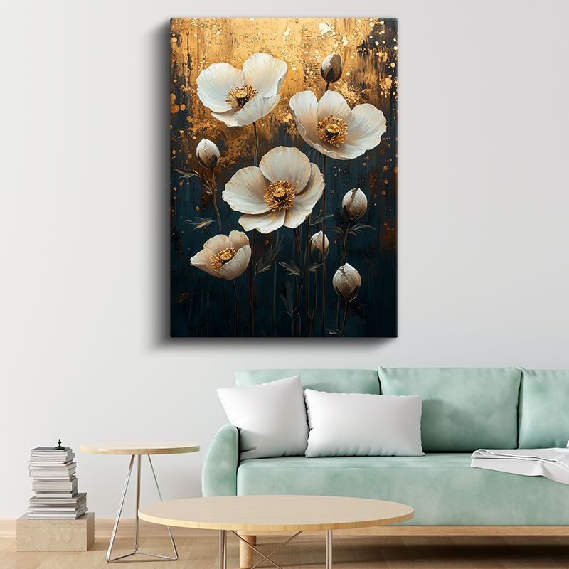 Beyaz Gelincikler - Altın Zemin Üzerinde Zarif Çiçekler Kanvas Tablo