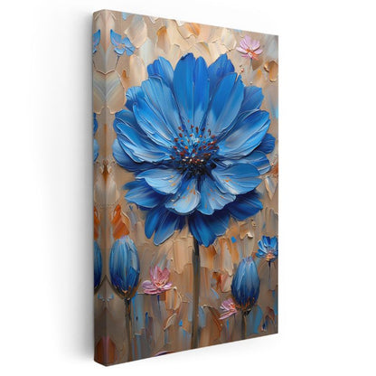 Mavi Papatya - Dokulu Fırça Darbeleriyle Modern Çiçek Kanvas Tablo