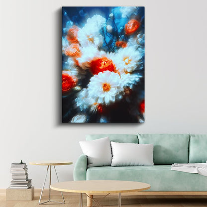 Beyaz Papatyalar - Mavi Fonda Turuncu Detaylı Buket Kanvas Tablo