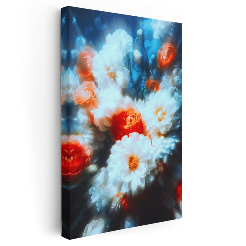 Beyaz Papatyalar - Mavi Fonda Turuncu Detaylı Buket Kanvas Tablo