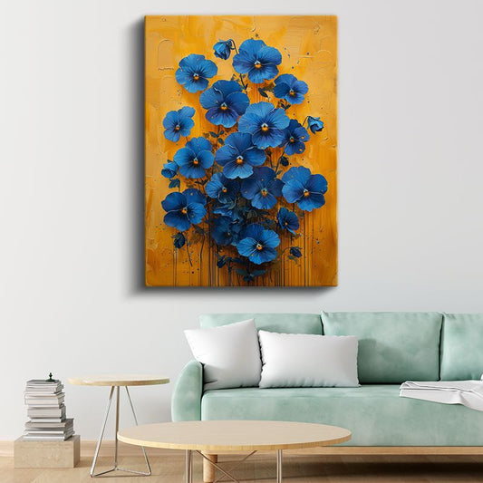 Mavi Menekşeler - Sarı Fon Üzerinde Kontrast Çiçekler Kanvas Tablo
