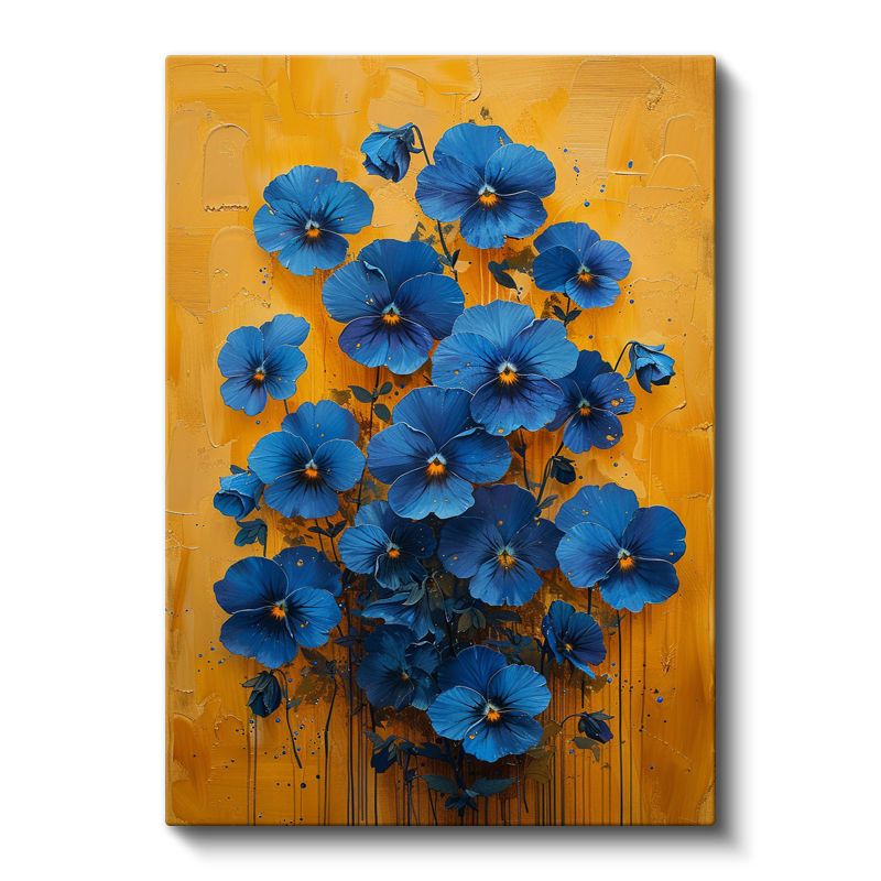 Mavi Menekşeler - Sarı Fon Üzerinde Kontrast Çiçekler Kanvas Tablo