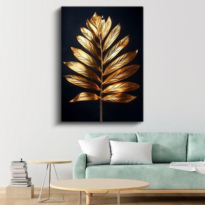 Altın Yapraklar - Siyah Fonda Lüks Botanik Detay Kanvas Tablo