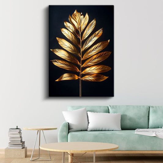 Altın Yapraklar - Siyah Fonda Lüks Botanik Detay Kanvas Tablo