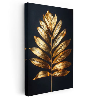 Altın Yapraklar - Siyah Fonda Lüks Botanik Detay Kanvas Tablo
