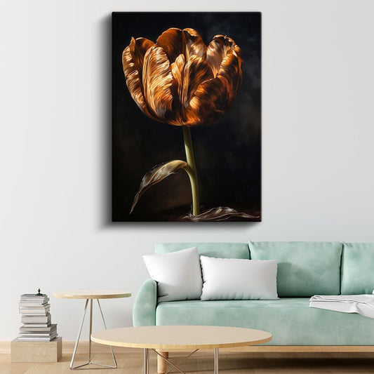Altın Lale - Siyah Fonda Dramatik Çiçek Portresi Kanvas Tablo