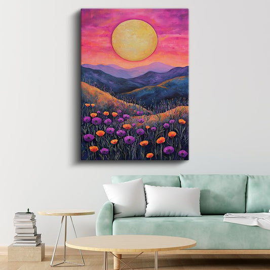 Gelincik Tarlası - Gün Batımında Dağ Manzarası Kanvas Tablo
