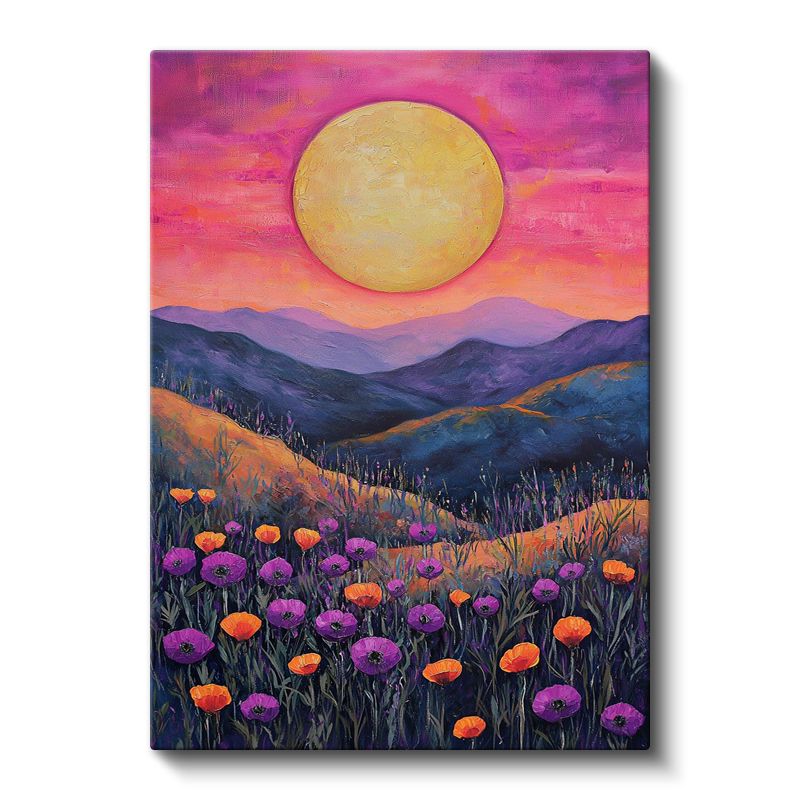 Gelincik Tarlası - Gün Batımında Dağ Manzarası Kanvas Tablo