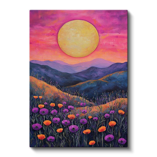Gelincik Tarlası - Gün Batımında Dağ Manzarası Kanvas Tablo