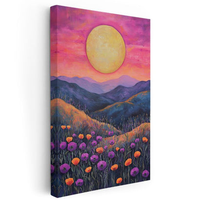 Gelincik Tarlası - Gün Batımında Dağ Manzarası Kanvas Tablo
