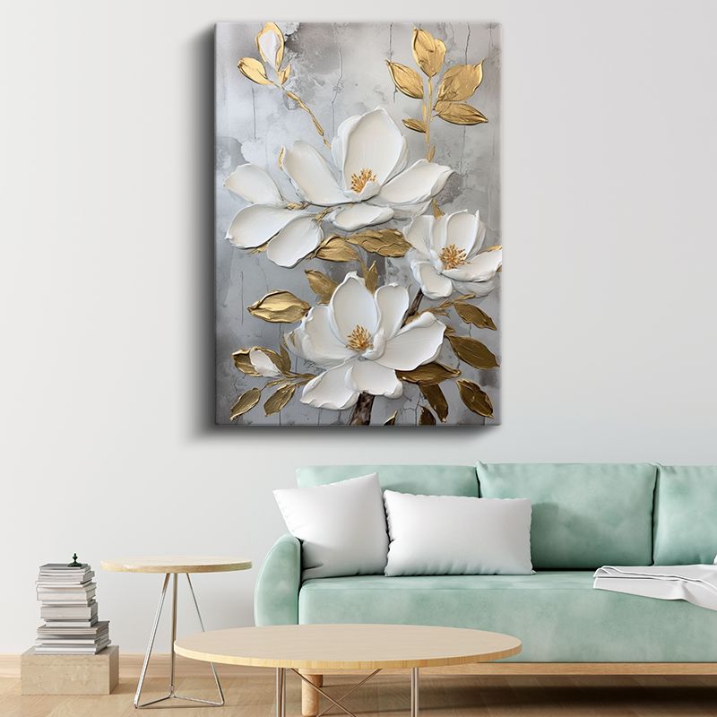 Beyaz Manolyalar - Altın Yapraklı Kabartma Görünümlü Çiçek Kanvas Tablo