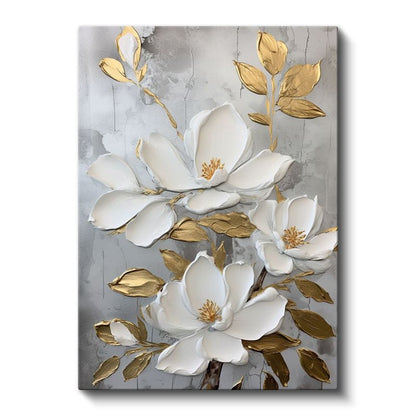 Beyaz Manolyalar - Altın Yapraklı Kabartma Görünümlü Çiçek Kanvas Tablo