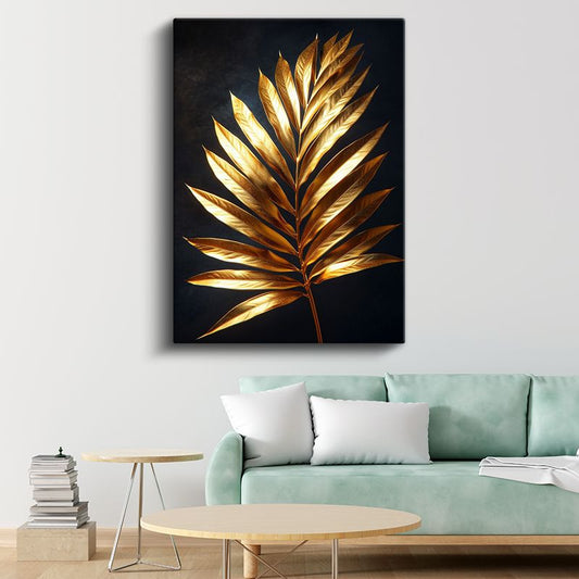 Altın Palmiye - Siyah Fonda Lüks Botanik Detay Kanvas Tablo