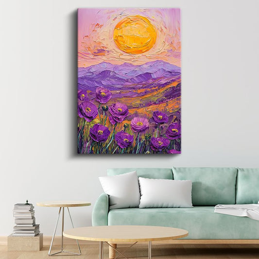 Mor Gelincikler - İmpasto Tekniğiyle Gün Doğumu Manzarası Kanvas Tablo