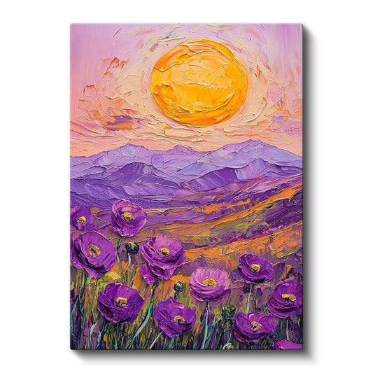 Mor Gelincikler - İmpasto Tekniğiyle Gün Doğumu Manzarası Kanvas Tablo