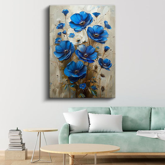 Mavi Gelincikler - Dokulu Zemin Üzerinde Çiçek Buketi Kanvas Tablo