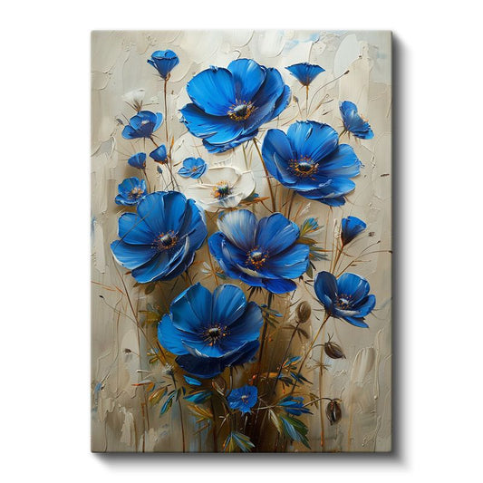 Mavi Gelincikler - Dokulu Zemin Üzerinde Çiçek Buketi Kanvas Tablo