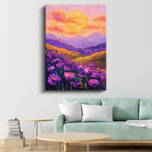 Mor Gelincik Tarlası - Gün Batımı Manzarası Kanvas Tablo