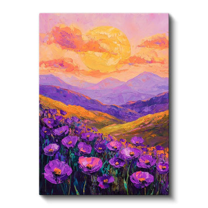Mor Gelincik Tarlası - Gün Batımı Manzarası Kanvas Tablo